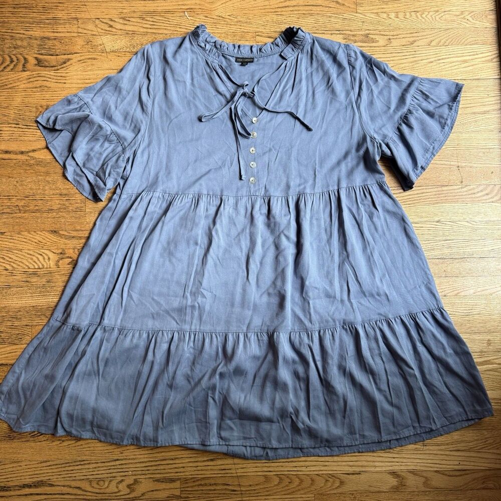 Coco + Carmen Babydoll Dress Tiered Blue Short Sleeve Womens L Cottage Prairie